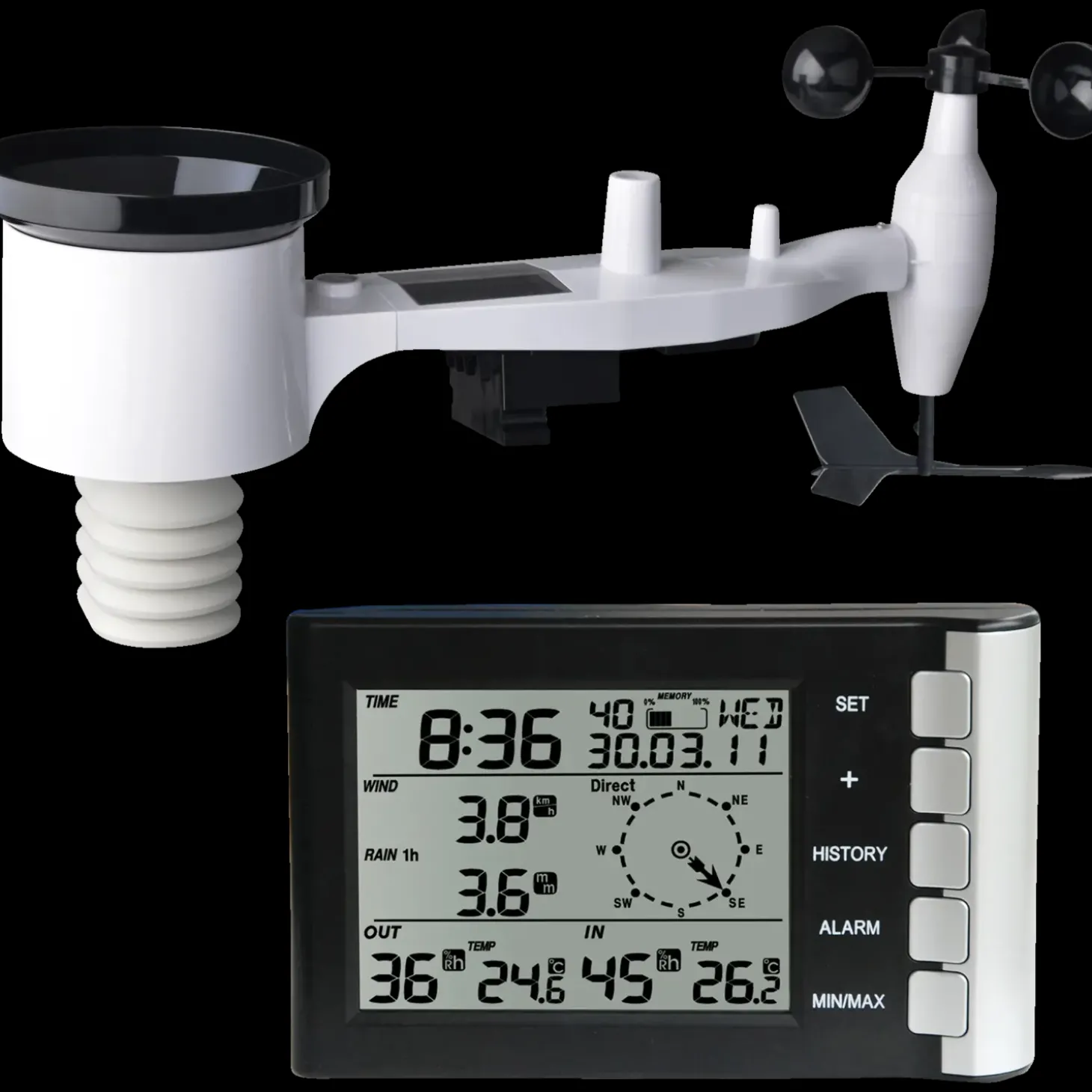 Agimex vejrstation, temp. fugt, regn, vind samt ur