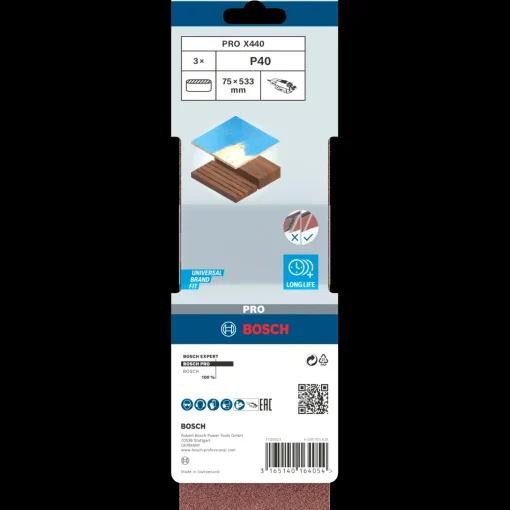 Bosch PRO X440 slibebånd, 75x533 mm, G40, 3 stk.