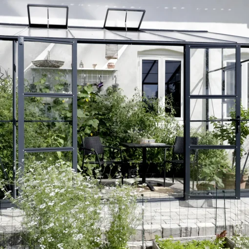 Elmholm Exclusive vægdrivhus antracit med hærdet glas, inkl. sokkel 13,1 m²
