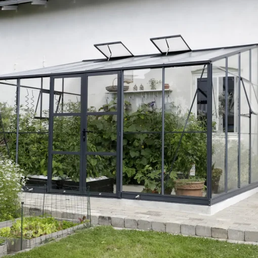 Elmholm Exclusive vægdrivhus antracit med hærdet glas, inkl. sokkel 13,1 m²