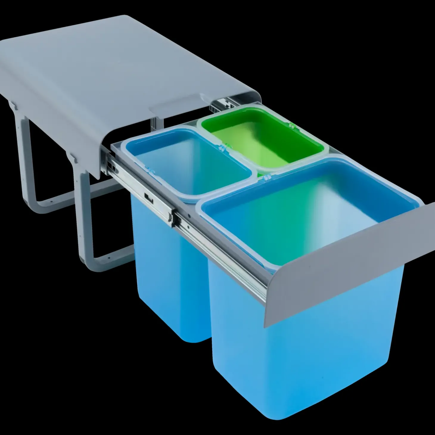 Grå affaldssystem på udtræksskinner med 2x8 L og 1 x 16 L beholdere