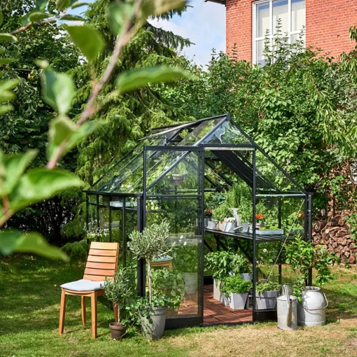 Halls Qube 68 drivhus sort med hærdet glas 5,1 m²