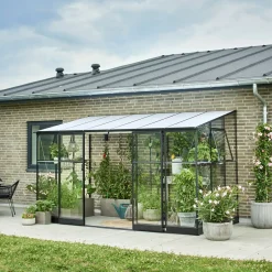 Halls Qube Lean-To 612 vægdrivhus sort med hærdet glas 7,1 m²