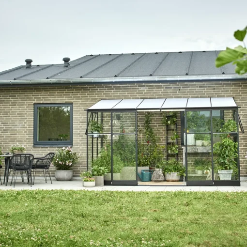 Halls Qube Lean-To 612 vægdrivhus sort med hærdet glas 7,1 m²