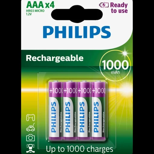 Philips genopladelig batteri 1000 mAh HR03/AAA 4 stk.
