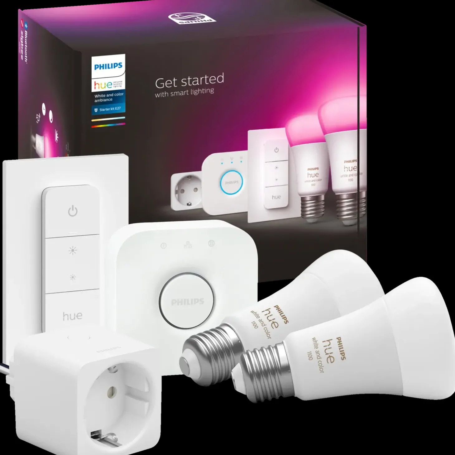 Philips Hue startsæt E27 2-pak m/Hue bridge/smart plug/Dimmer switch