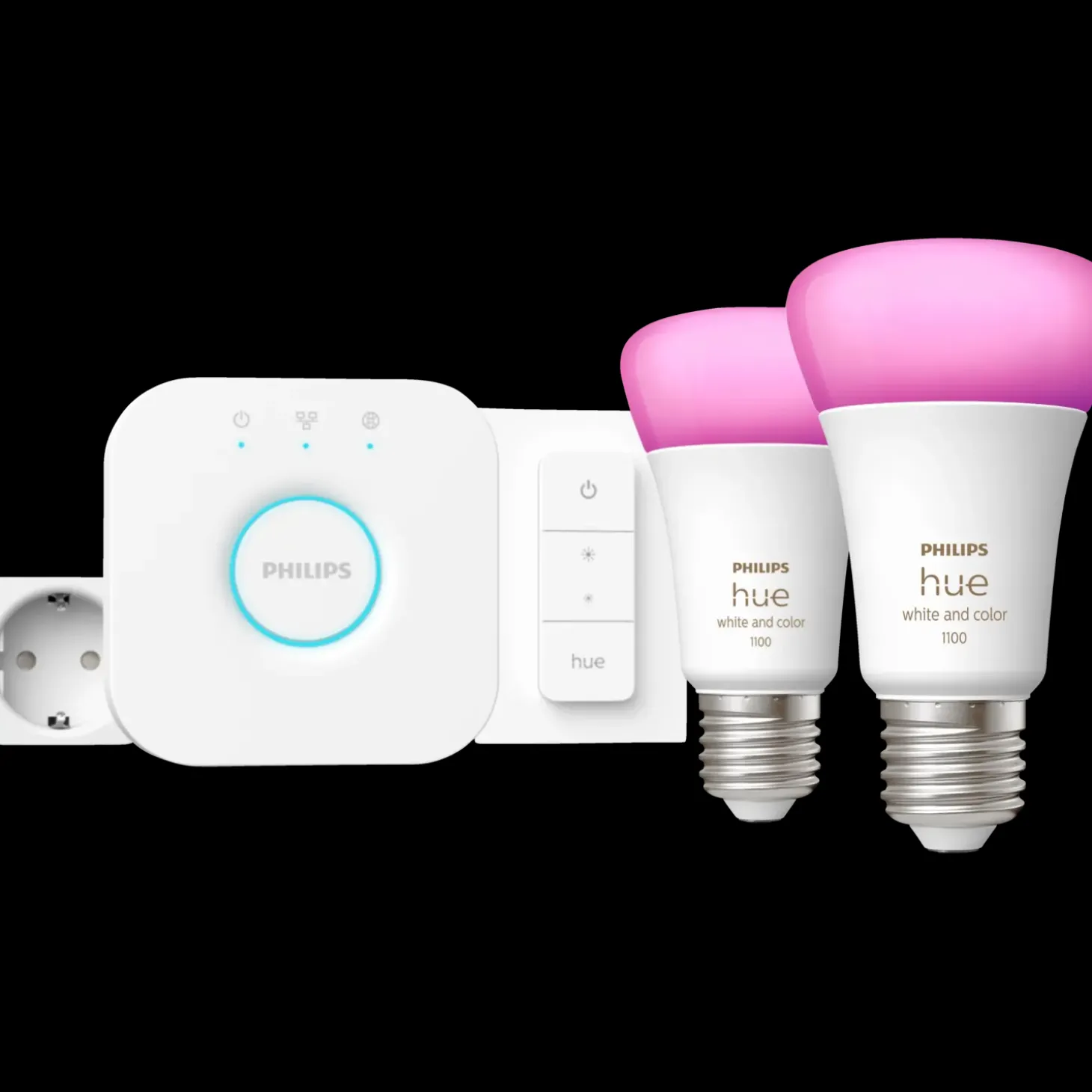 Philips Hue startsæt E27 2-pak m/Hue bridge/smart plug/Dimmer switch