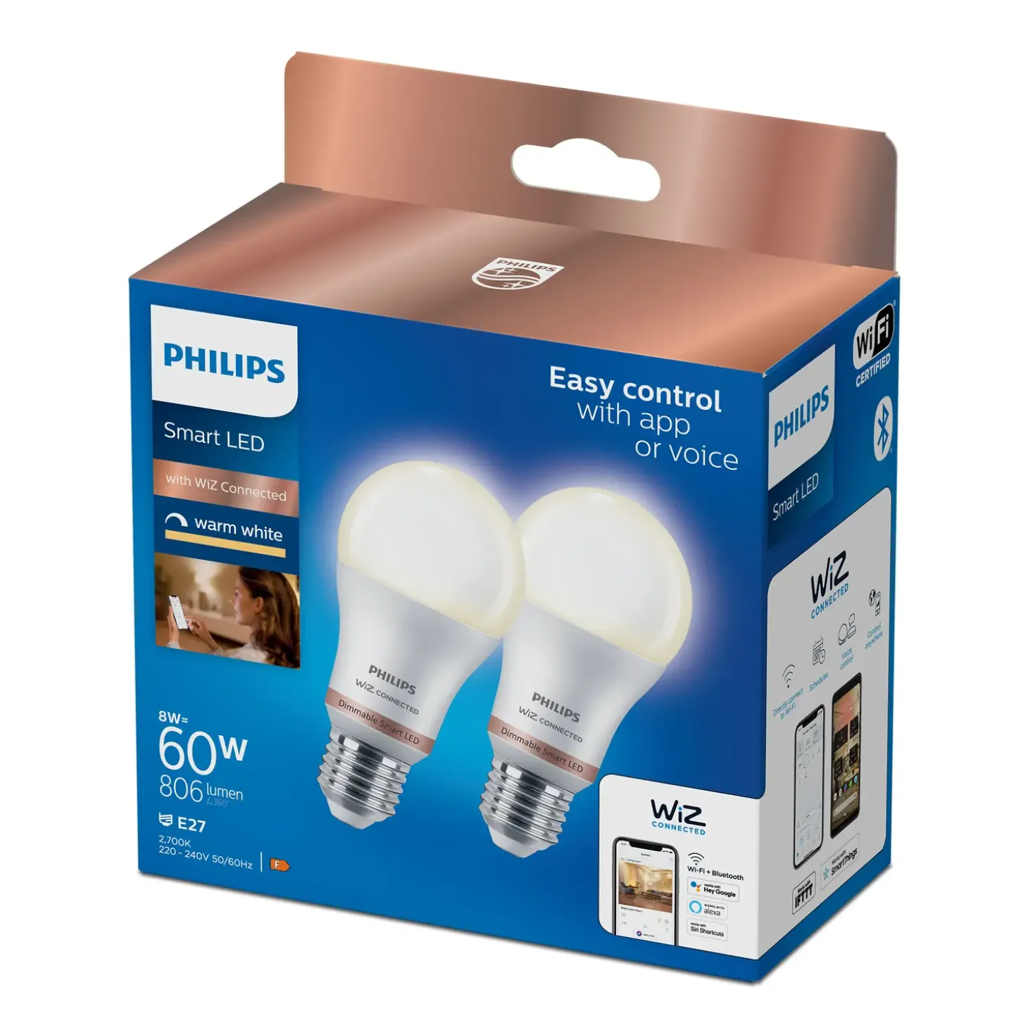 Philips Smart WiZ white LED pærer E27 8,5W standard mat 2 stk