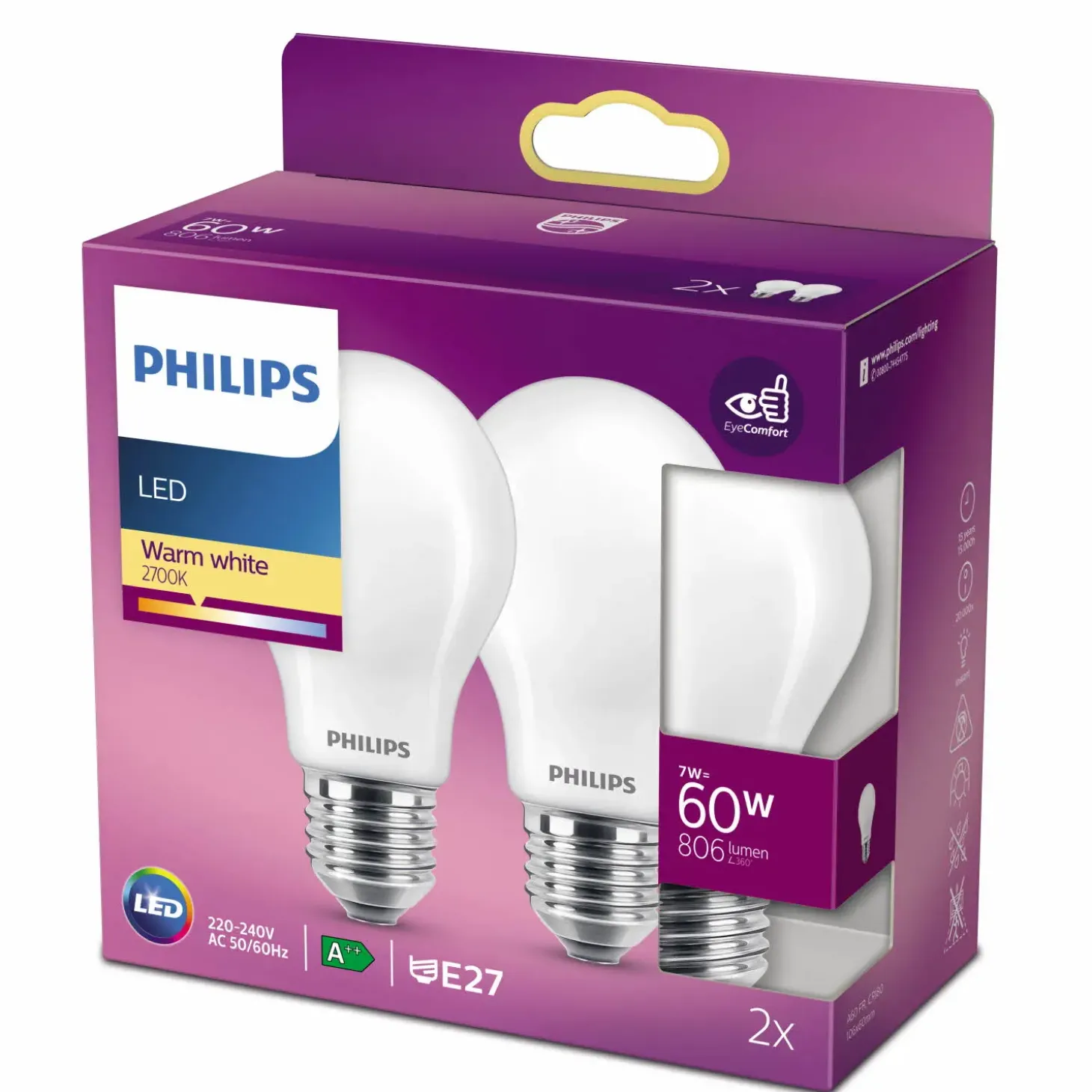 Philips Standard LED pære E27 60W 2 pack