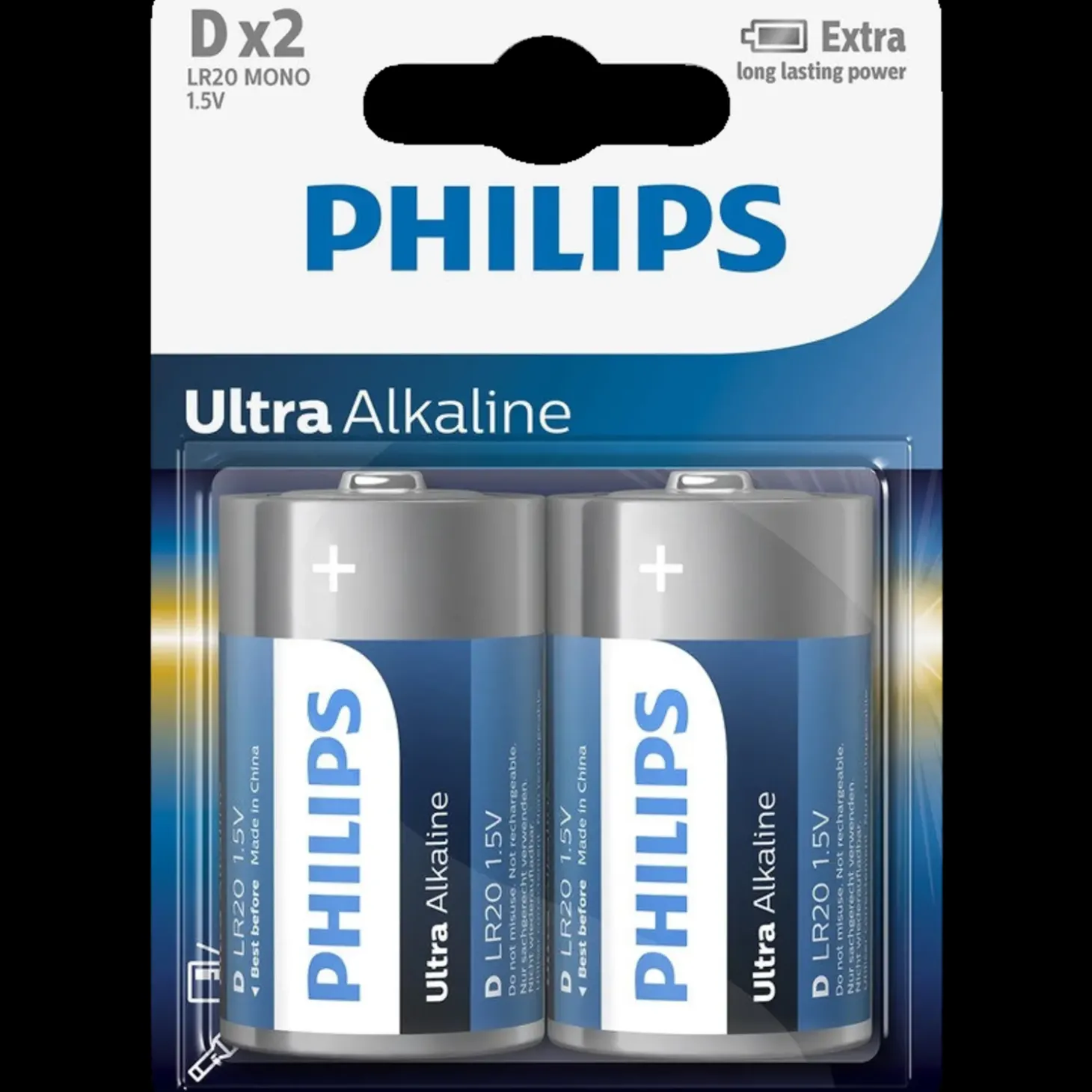 Philips Ultra alkaline LR20 batteri 2 stk.