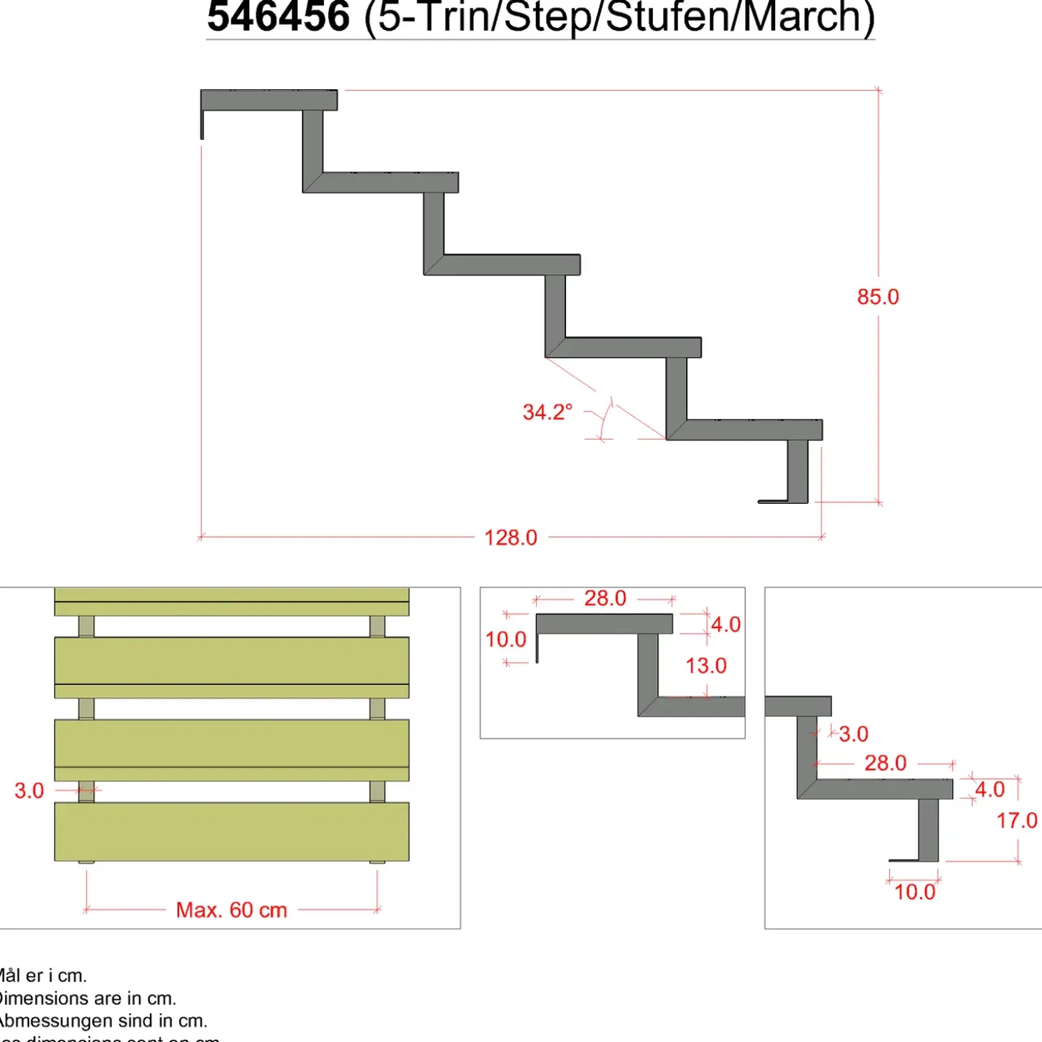 Plus 34,2° Trappevange 5 trin m/beslag Trindybde 28 cm