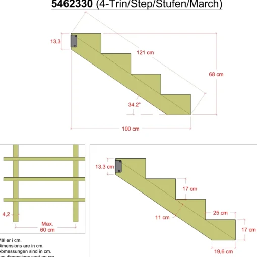 Plus 34,2° Trappevange 4 trin m/beslag  Trindybde 25 cm