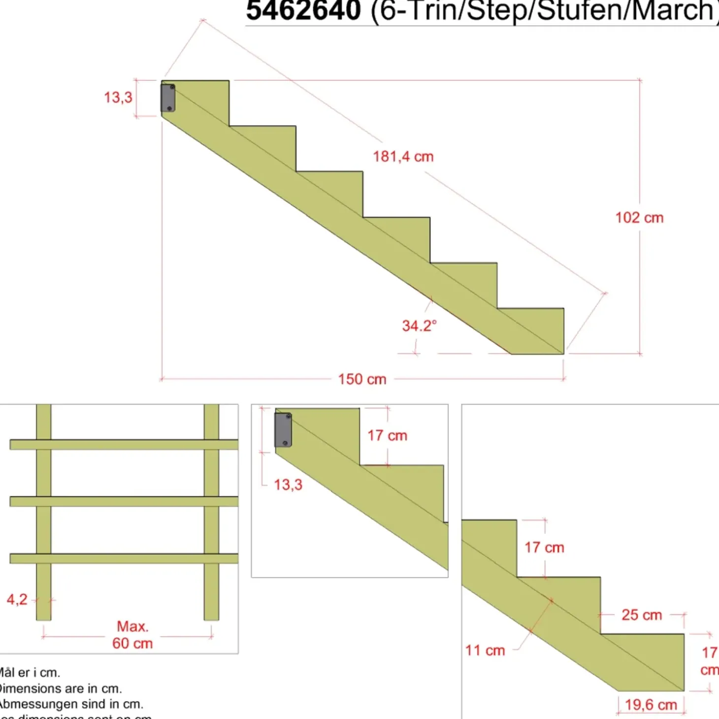 Plus 34,2° Trappevange 6 trin m/beslag Trindybde 25 cm