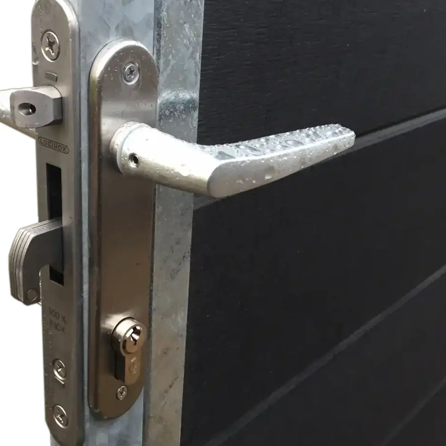 PLUS Artura komposit enkeltlåge 115×135 cm højrehængt m/gråsorte stolper til nedstøbning