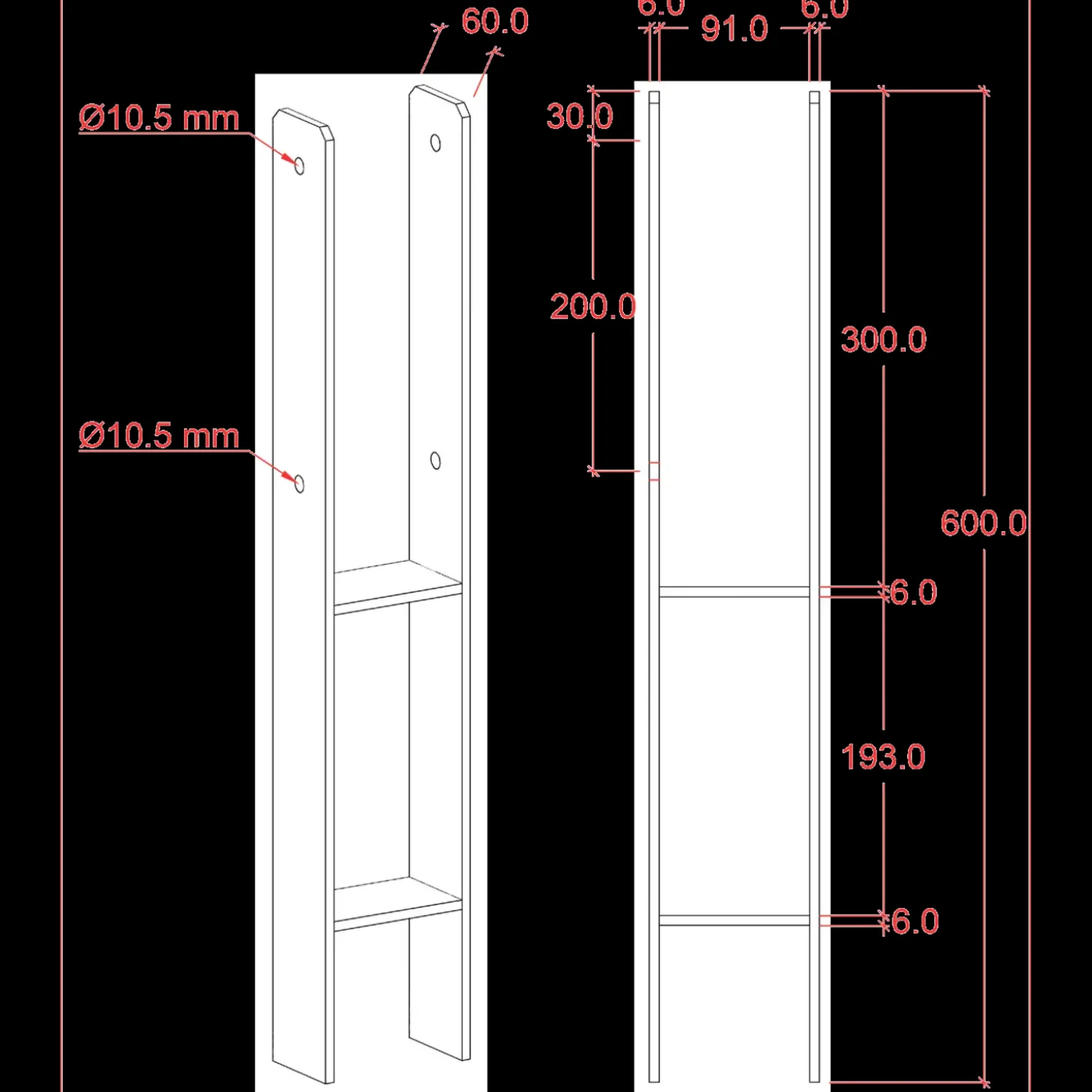 Plus H-stolpefod 60 cm 9x9 cm stolper til nedstøbning m/skruer