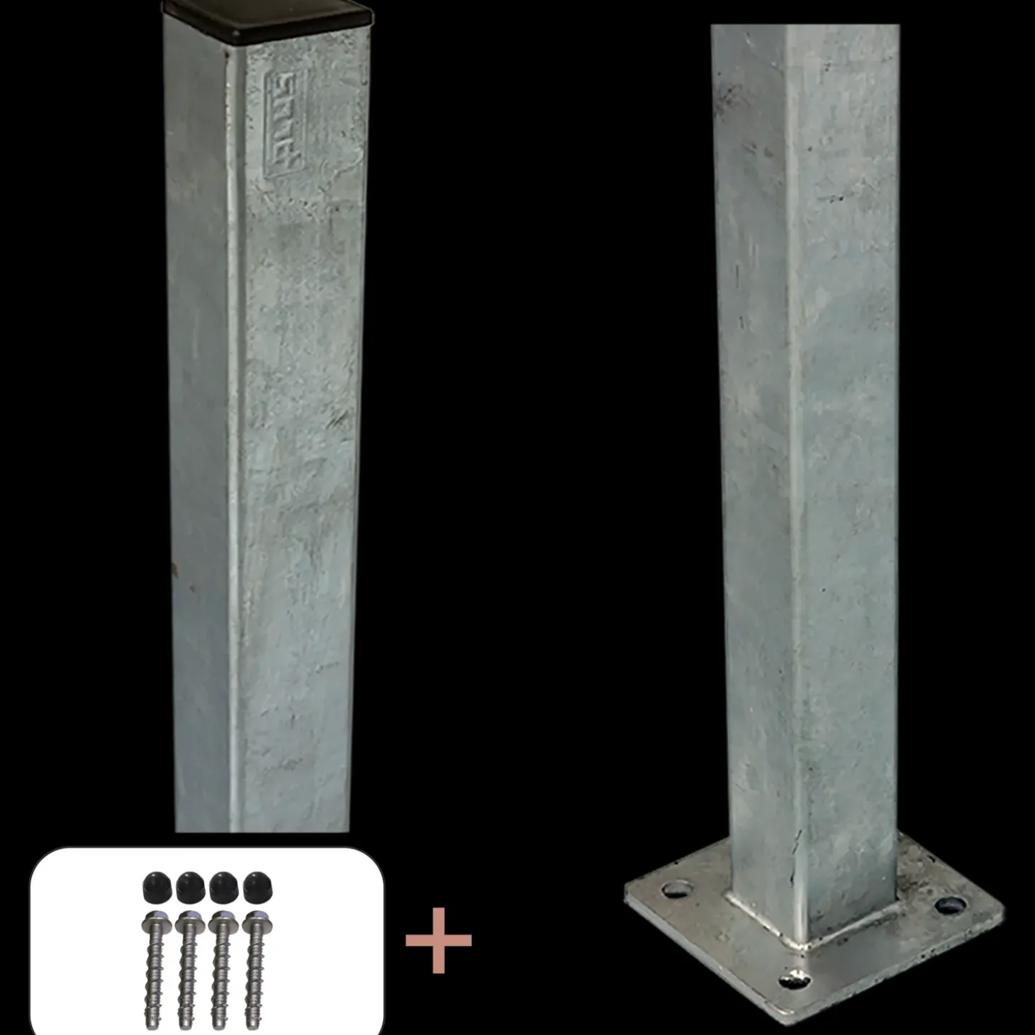 Plus Stålstolpe m/fod 4,5x4,5x96 cm m/stolpeafdækning/bolte