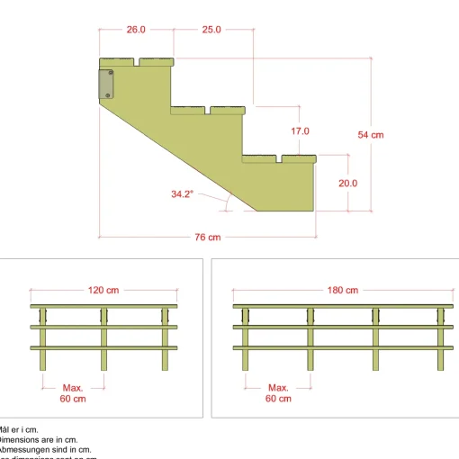 Plus Terrassetrappe 3 trin 54x76 cm 34,2° 180 cm