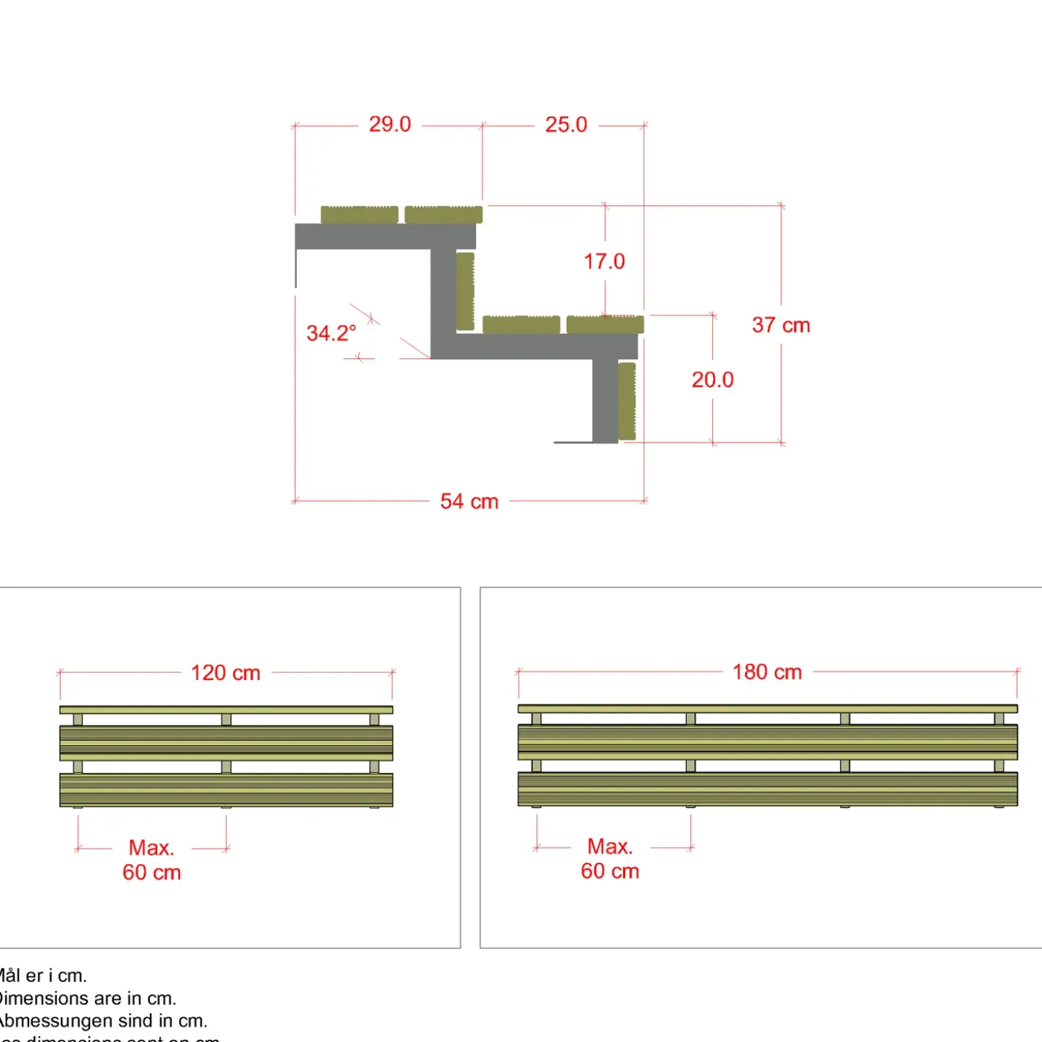 Plus Terrassetrappe 2 trin 37x54 cm 34,2° 180 cm
