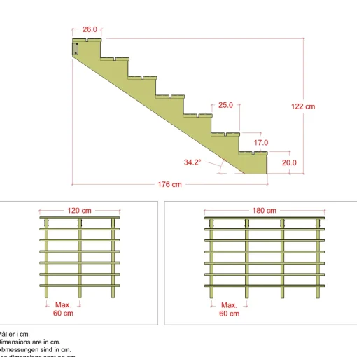 Plus Terrassetrappe 7 trin 122x176 cm 34,2°  180 cm