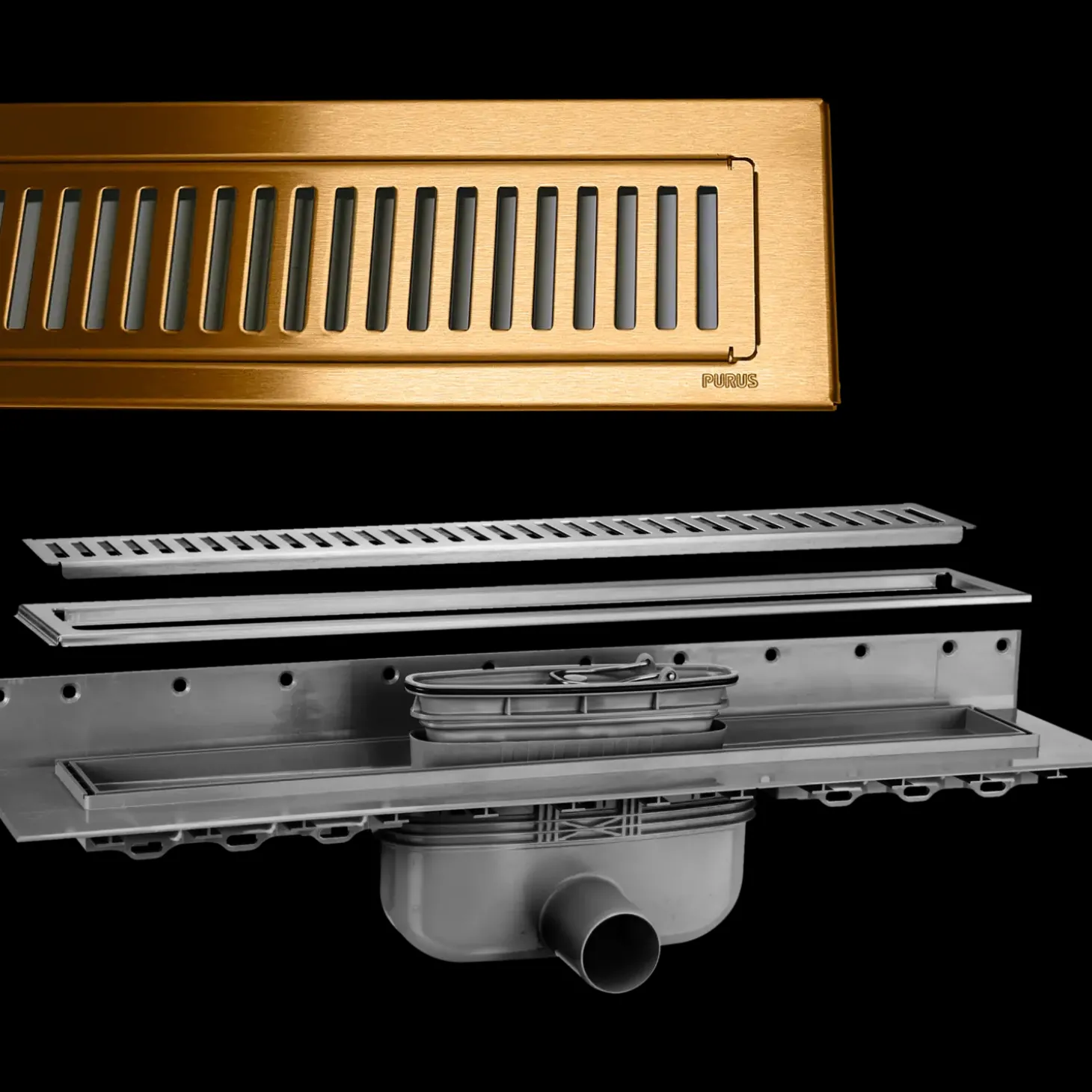 Purus afløbsrendesæt m/vandlås og rist 900 mm messing