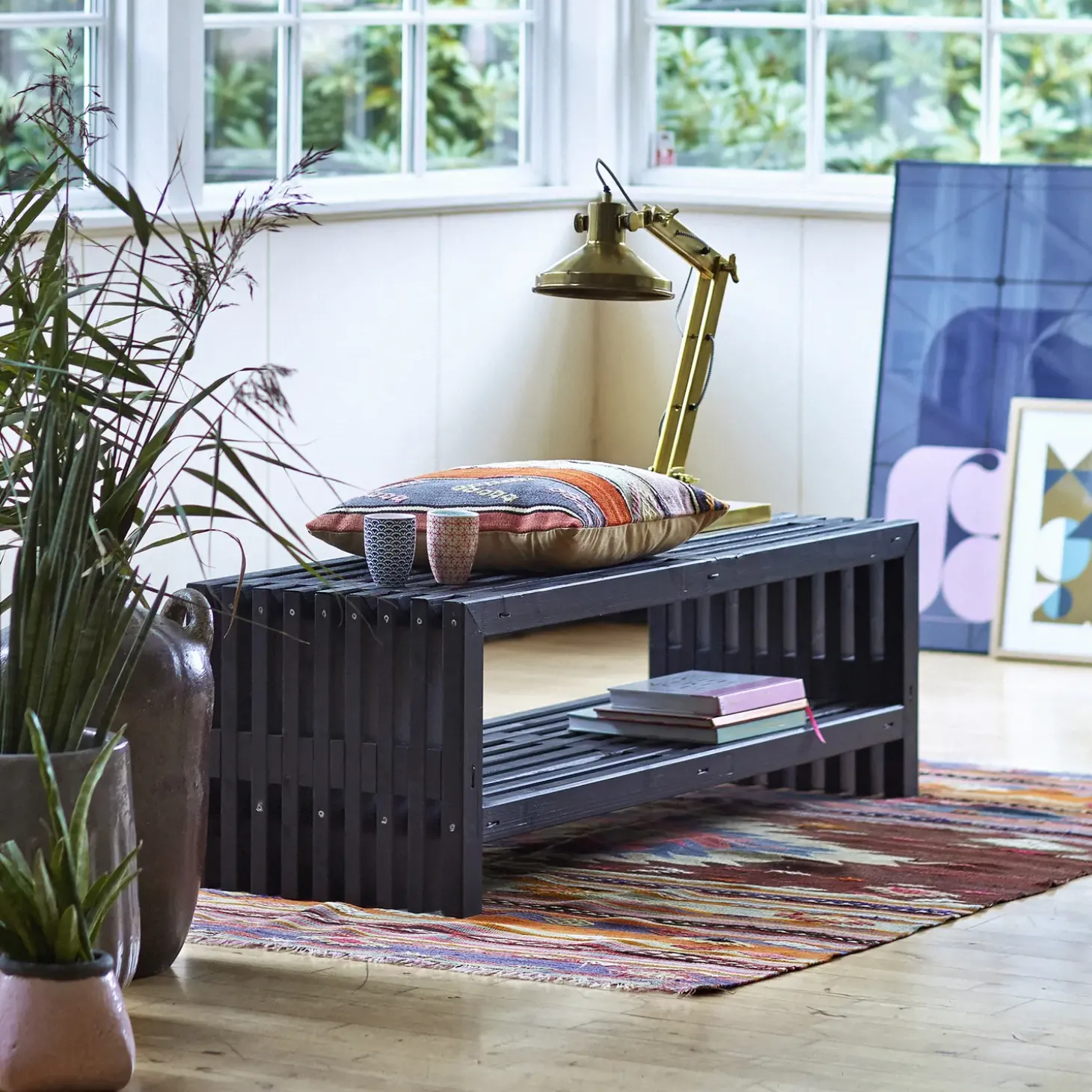 Rustik Trallebænk Design med hylde sort 138x49x45cm