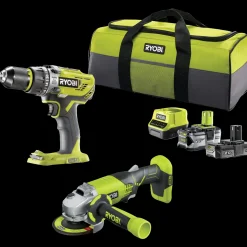 Ryobi håndværkersæt bore-/skruemaskine, vinkelsliber, batterier og taske