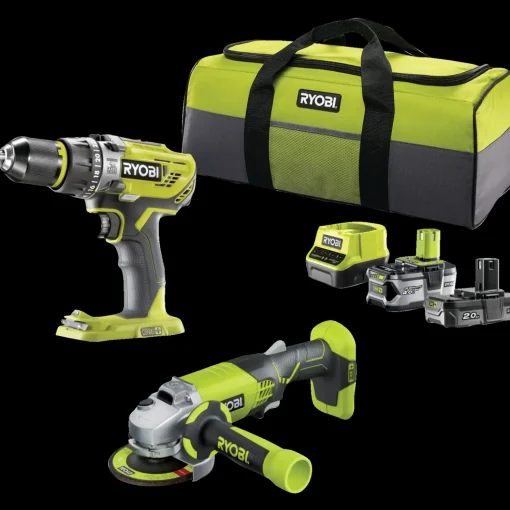 Ryobi håndværkersæt bore-/skruemaskine, vinkelsliber, batterier og taske