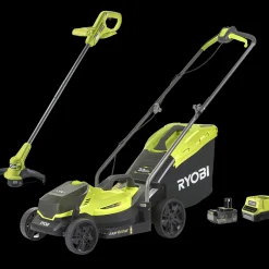 Ryobi kombisæt 18V ONE+ plæneklipper/græstrimmer 4,0Ah batteri og lader