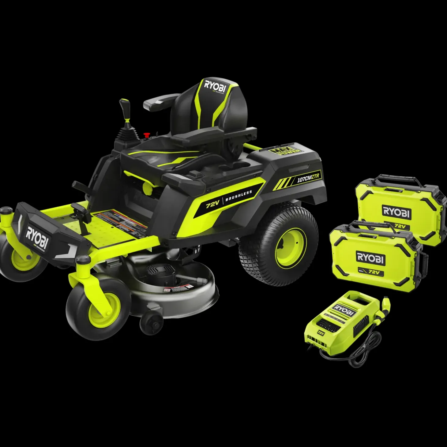 Ryobi RY72ZTRX107-210 72V 107 cm zero turn plæneklipper 2x10 Ah batt.