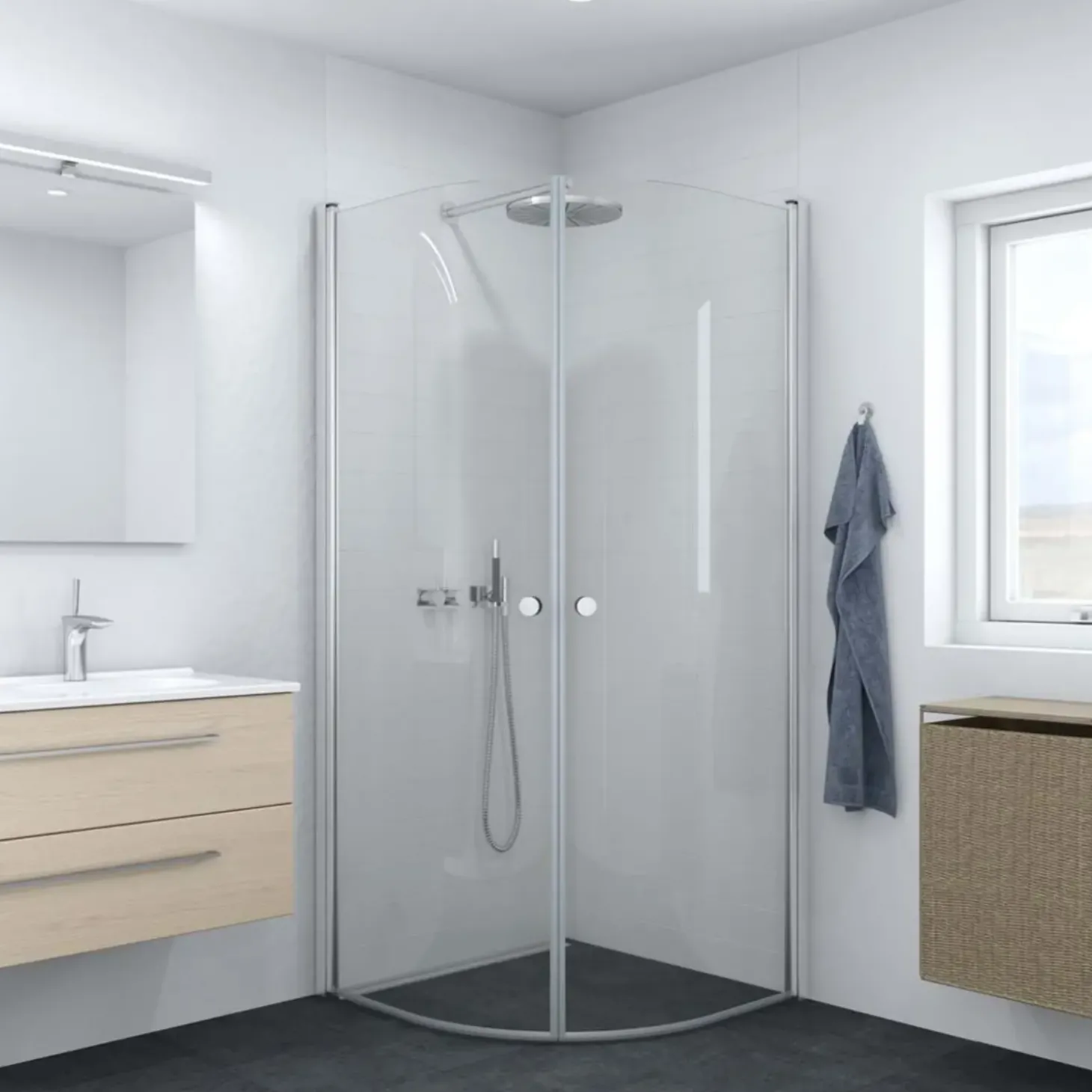 Scanbad brusedør E - halvrund klart satin/klart glas, model 100