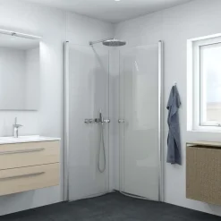 Scanbad brusedør E - halvrund klart satin/klart glas, model 100