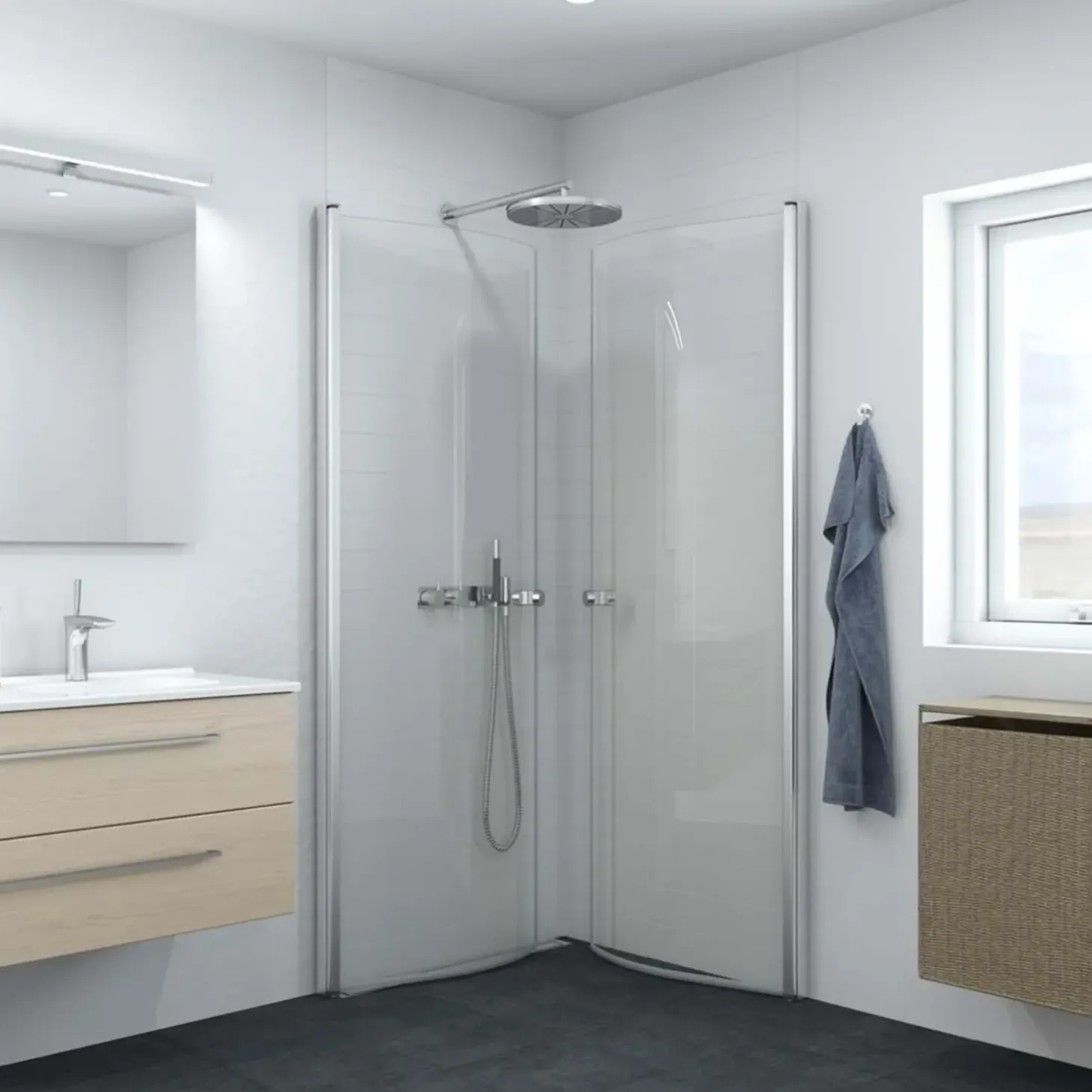 Scanbad brusedør E - halvrund klart satin/klart glas, model 100