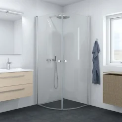 Scanbad brusehjørne buet svingdør med klar glas 90 cm satin
