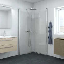 Scanbad brusehjørne buet svingdør med klar glas 90 cm satin