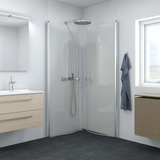 Scanbad brusehjørne buet svingdør med klar glas 90 cm satin