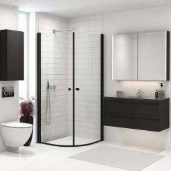 Scanbad brusehjørne m/buet svingdør 74x200 cm mat sort/klar glas