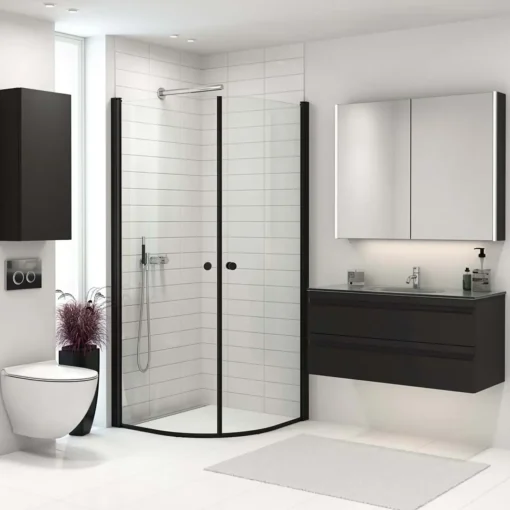 Scanbad brusehjørne m/buet svingdør 74x200 cm mat sort/klar glas