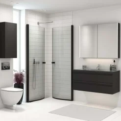 Scanbad brusehjørne m/buet svingdør 74x200 cm mat sort/klar glas