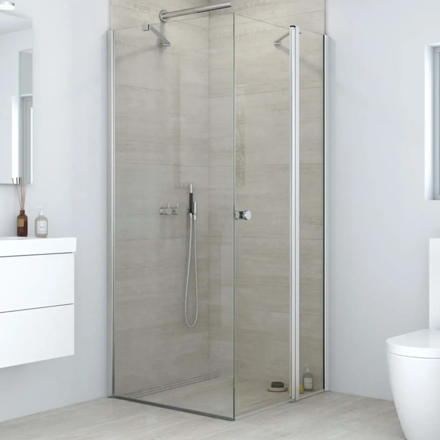 Scanbad brusehjørne m/fastvæg og foldedør 79 cm satin/klar glas