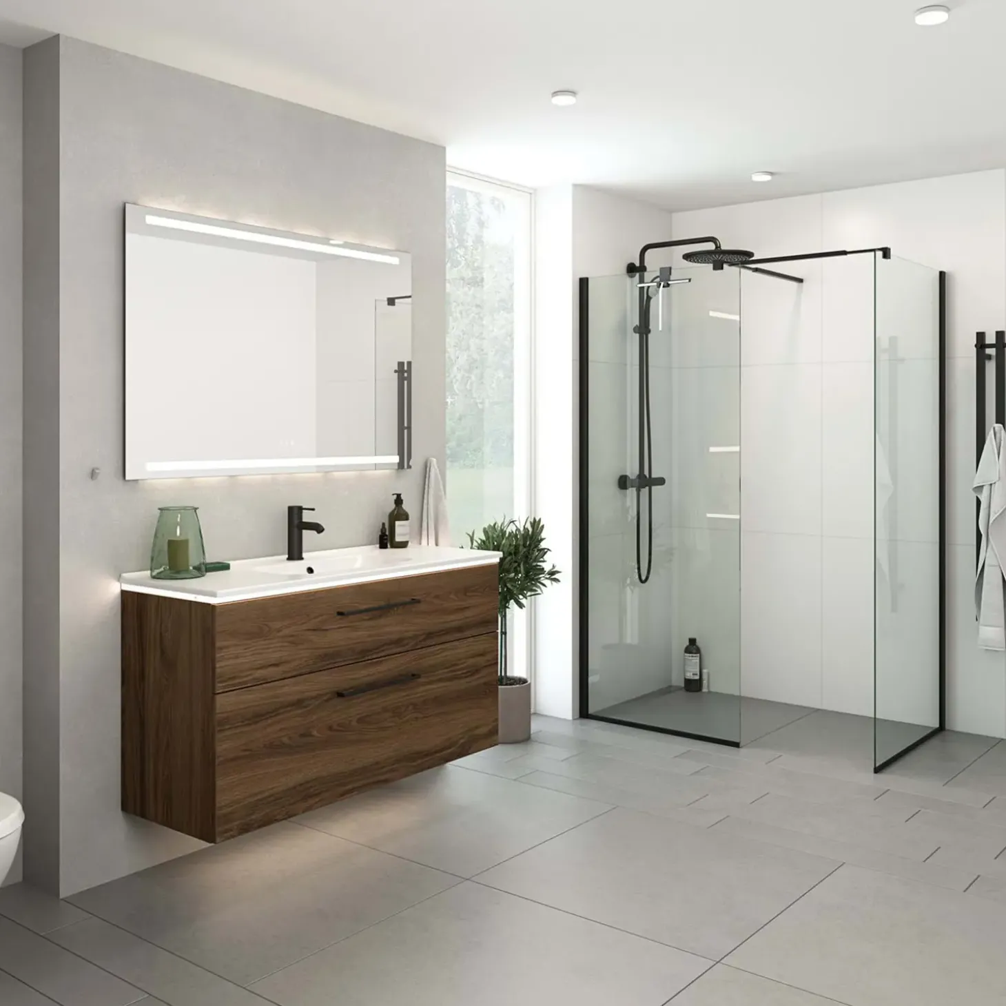 Scanbad brusehjørne m/fastvæg og teleskopstang 79x197,5 cm mat sort/klar glas