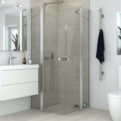 Scanbad brusehjørne m/fastvæg og svingdør 200x89 cm satin/klar