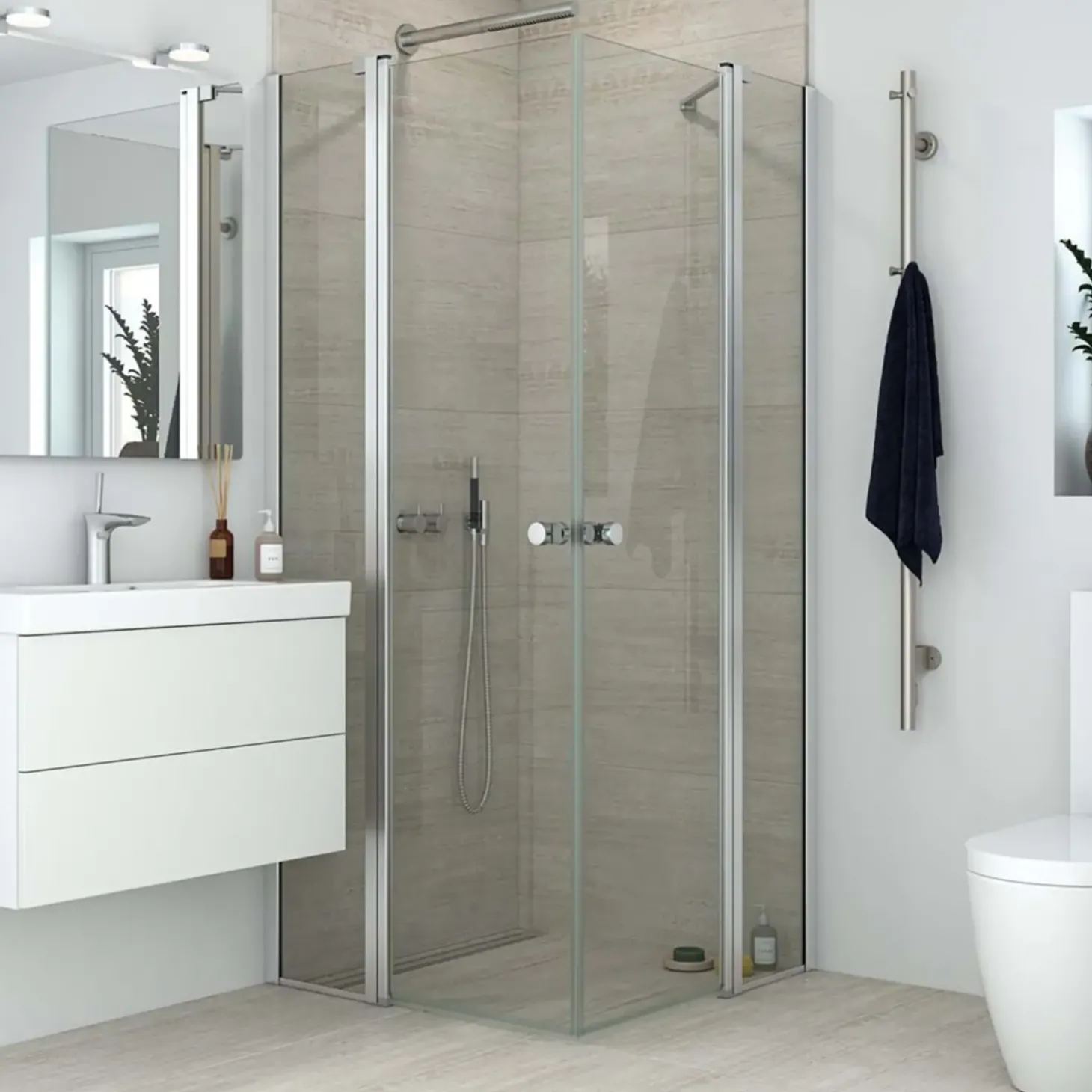 Scanbad brusehjørne m/fastvæg og svingdør 200x89 cm satin/klar