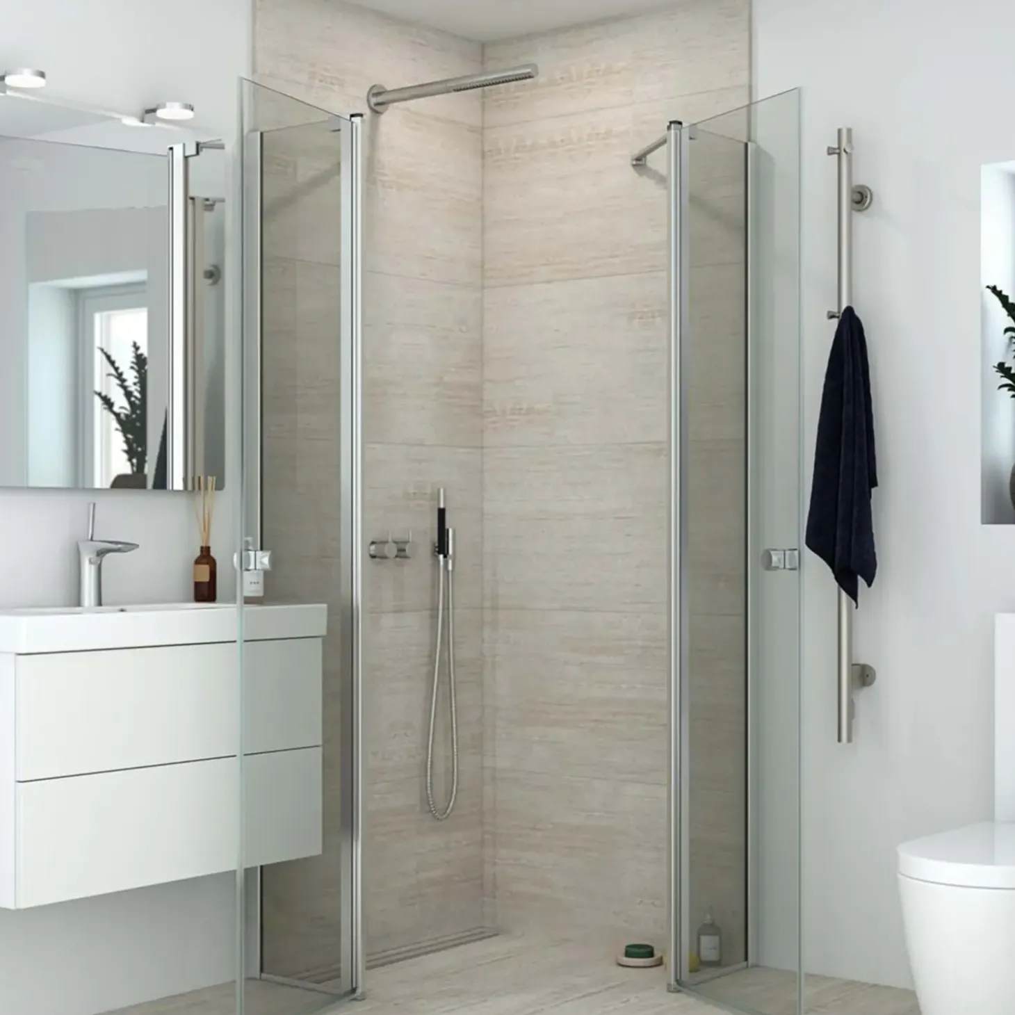 Scanbad brusehjørne m/fastvæg og svingdør 200x89 cm satin/klar