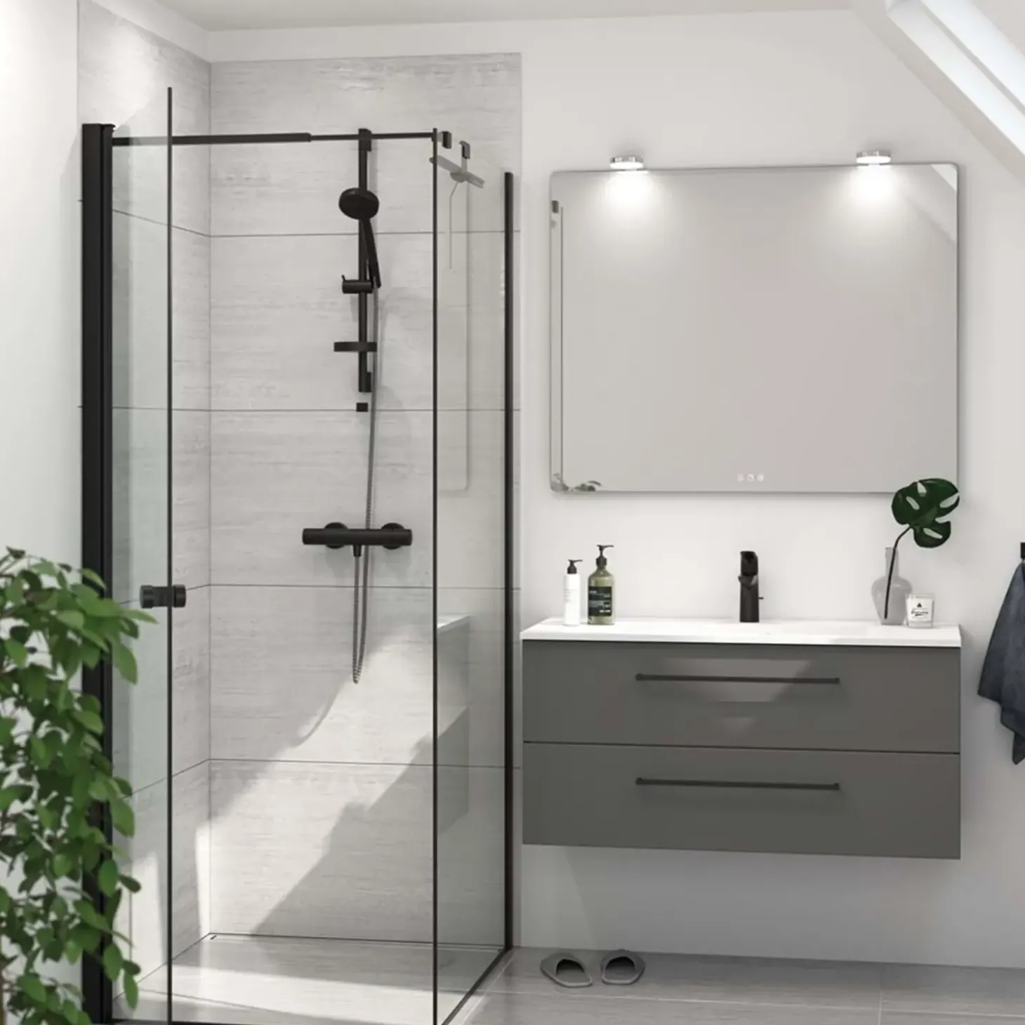 Scanbad brusevæg m/svingdør og teleskopstang 79x197,5 cm mat sort/klar glas