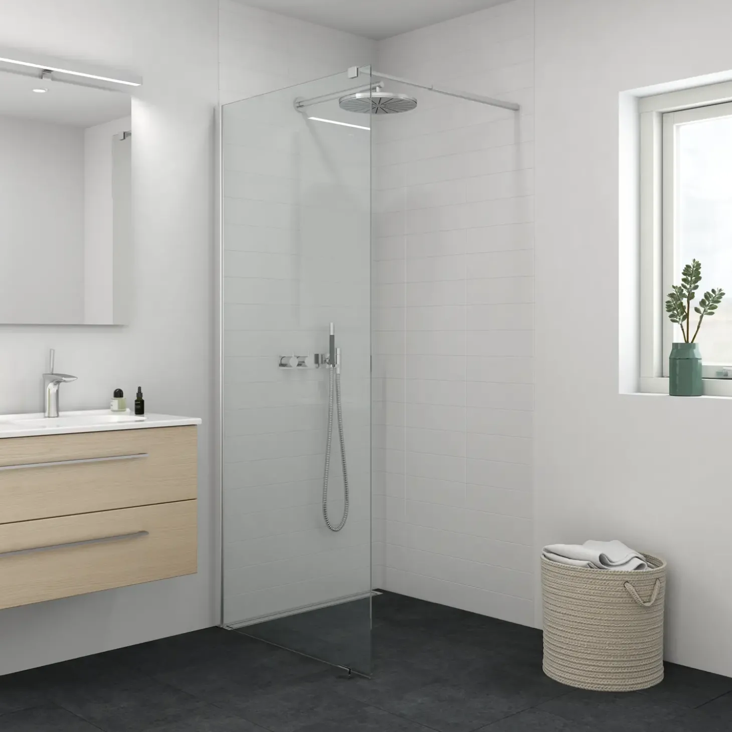 Scanbad brusevæg 79x197,5 m/teleskopstang 77-79 cm klar glas