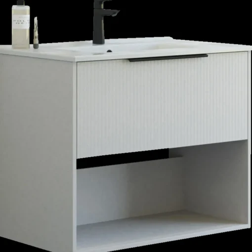 Scanbad NOW vaskeskab m/én skuffe og åbent rum 65,8x81x45,5 cm mat sand stribet front