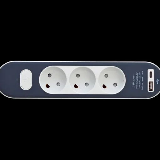 3-stikdåse med USB A+C 1,4m ledning
