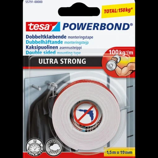 Tesa® Powerbond Ultra Strong dobbeltklæbende monteringstape 1,5 m x 19 mm